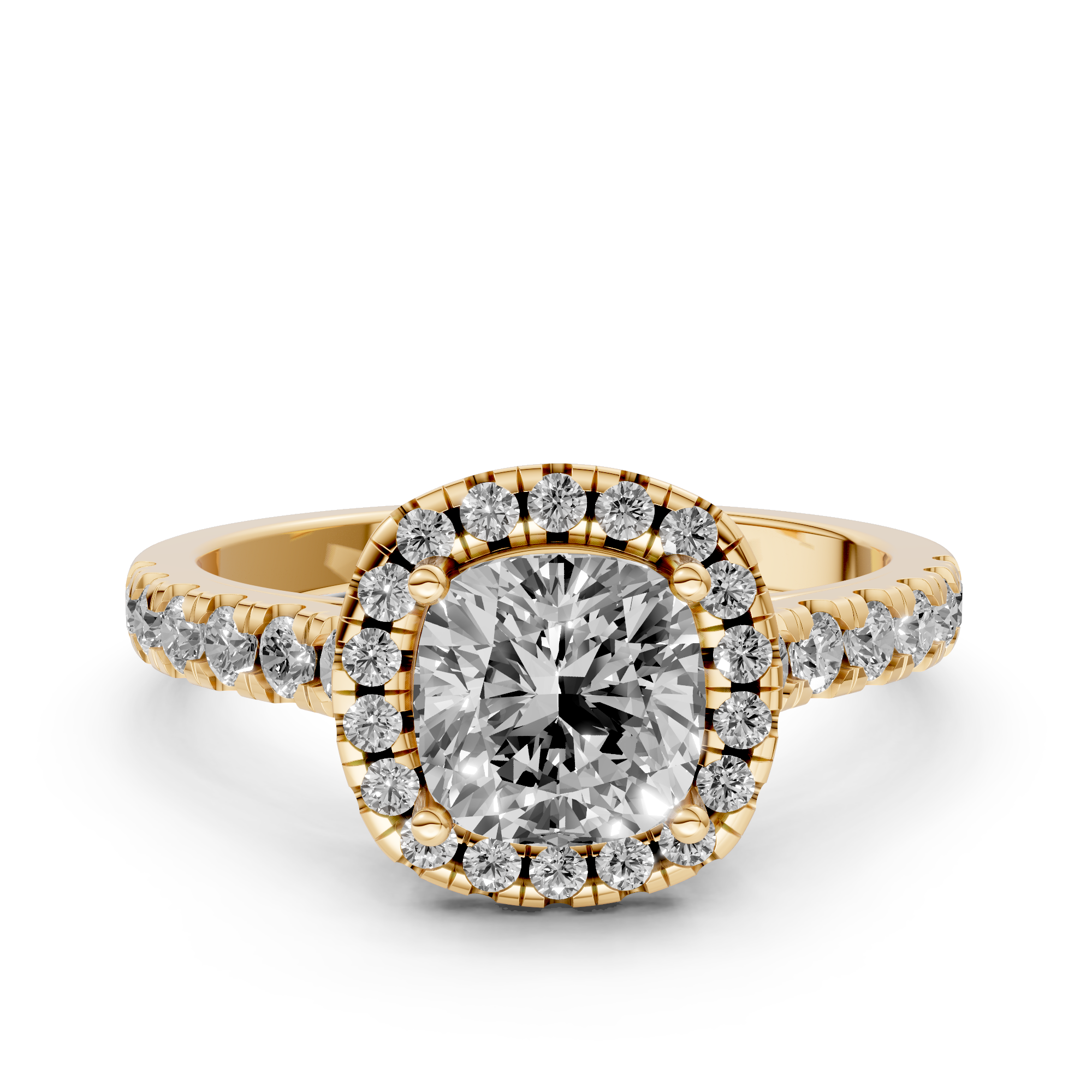 Yvonne - In Stock - Cushion Halo Lab Grown Diamond Ring with Pave Band and Low Setting - 18K Gold - 1.36 ct