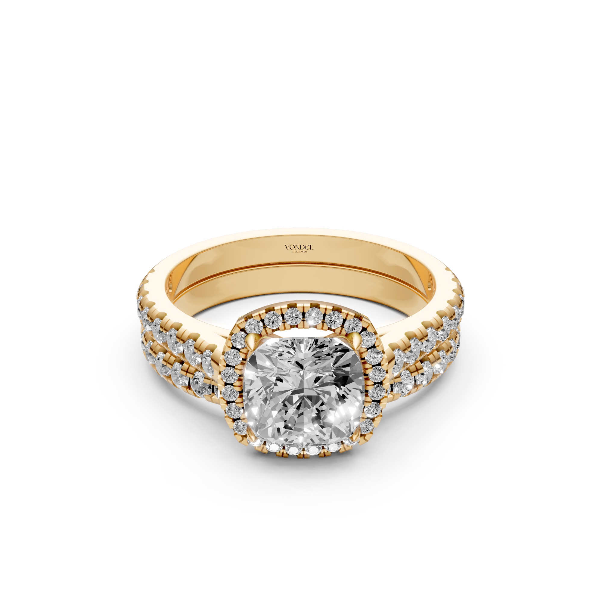 Christina - Cushion Halo Lab Grown Diamond Ring with Pave Band and Stacking Ring Set - 18K Yellow Gold - 2,43 ct