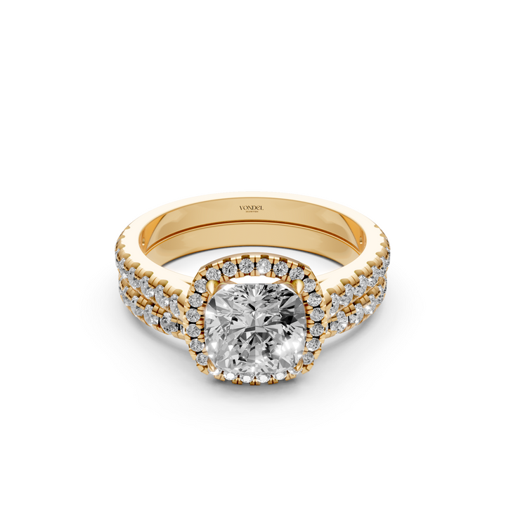 Cushion Halo Ring met Pave Band en Aanschuifring Set - 18K Geelgoud - 2,43 ct