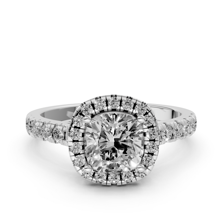 Cushion Halo Ring met Pave Band en Lage Zetting - 1,42 ct