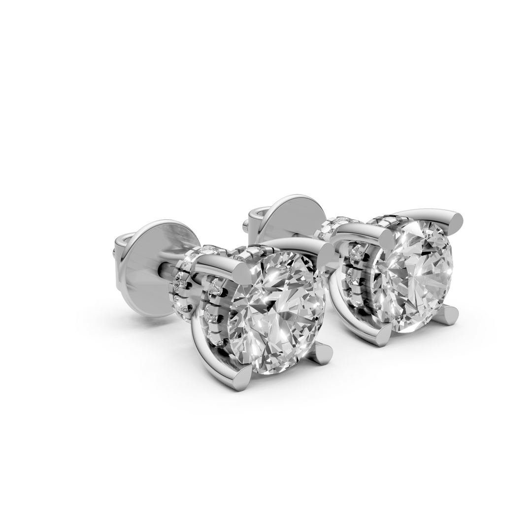 Rond Briljant Stud Oorbellen, Met Dubbele Hidden Halo - 18K Witgoud - 1,28 ct