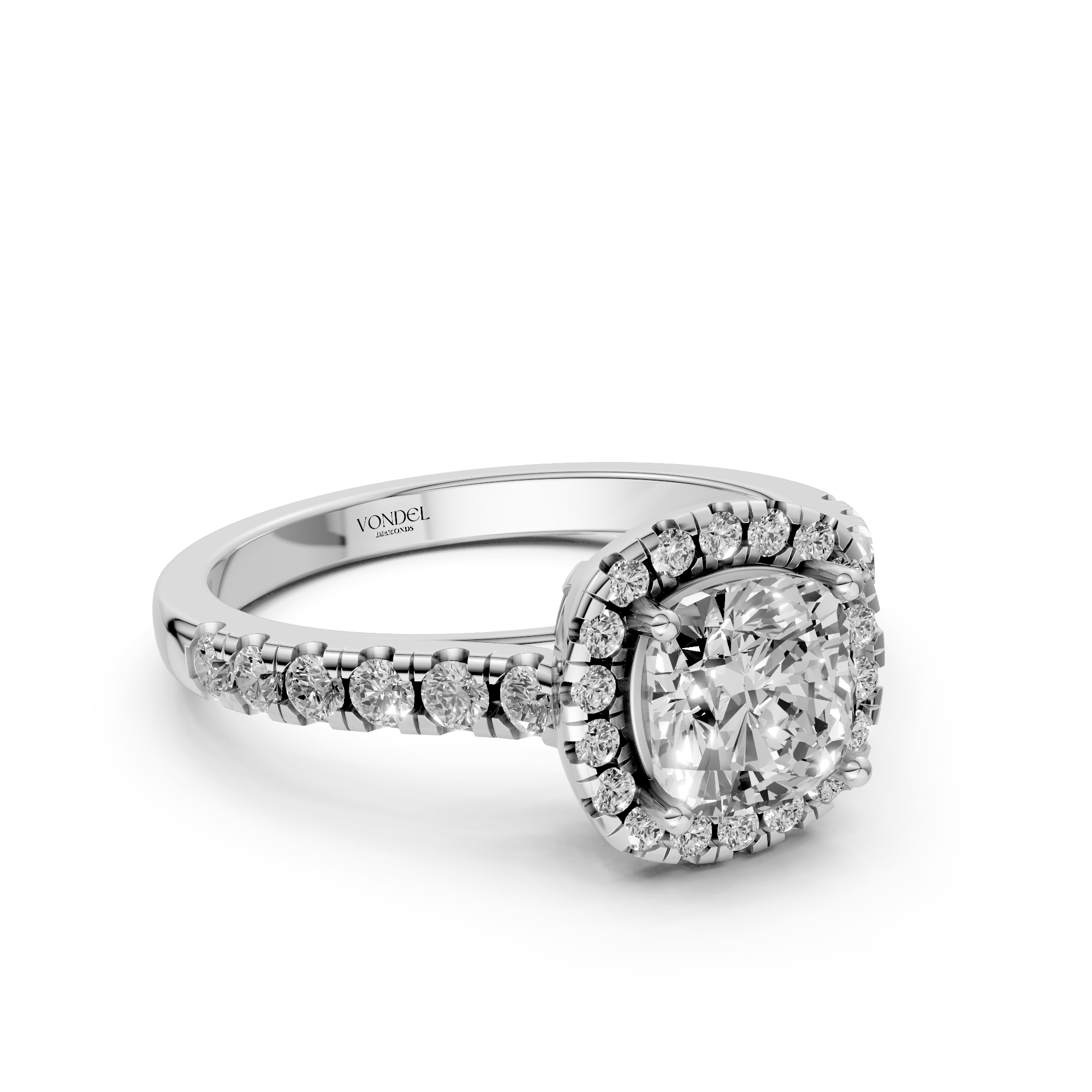 Yvonne - In Stock - Cushion Halo Lab Grown Diamond Ring with Pave Band and Low Setting - 18K Gold - 1.36 ct