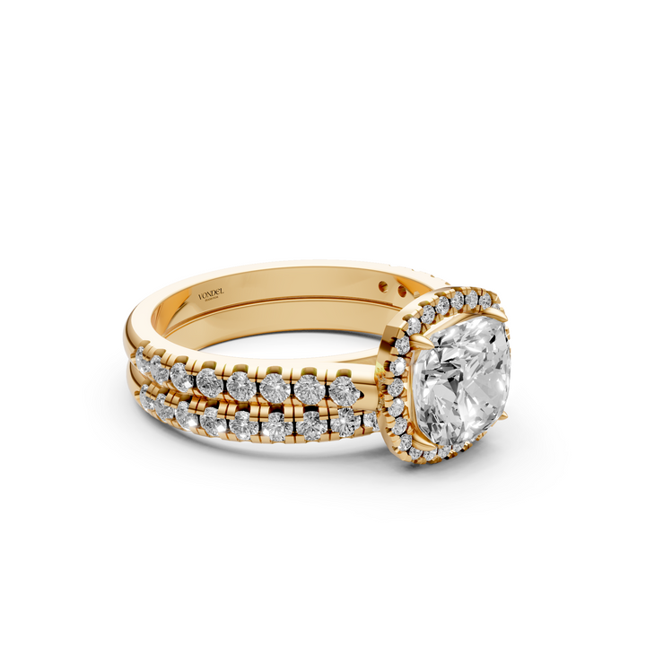 Cushion Halo Ring met Pave Band en Aanschuifring Set - 18K Geelgoud - 2,43 ct