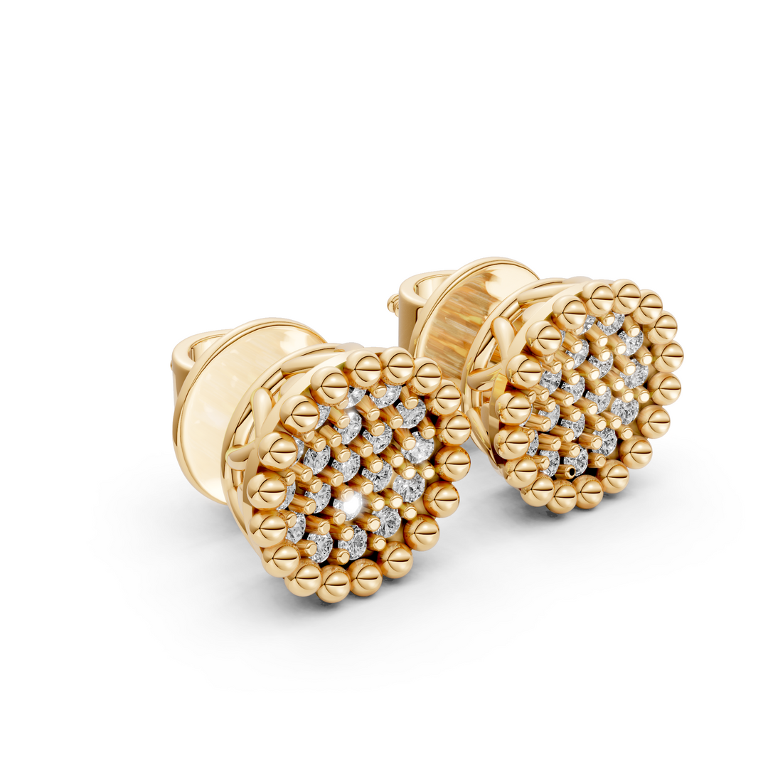 Ronde Pavé Oorknopjes met Goudbolletjes Rand - 18K Geelgoud - 0,33 ct