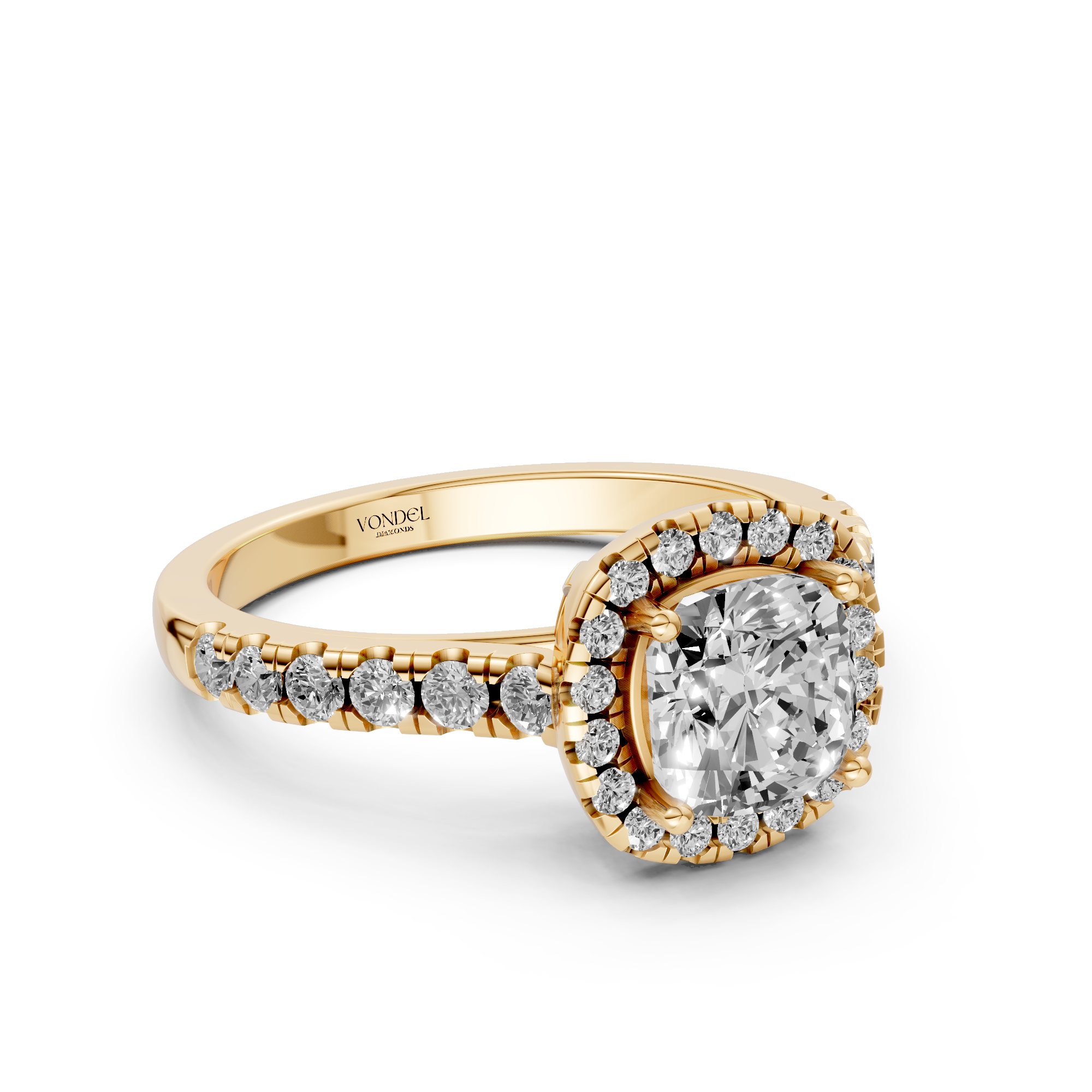 Yvonne - In Stock - Cushion Halo Lab Grown Diamond Ring with Pave Band and Low Setting - 18K Gold - 1.36 ct