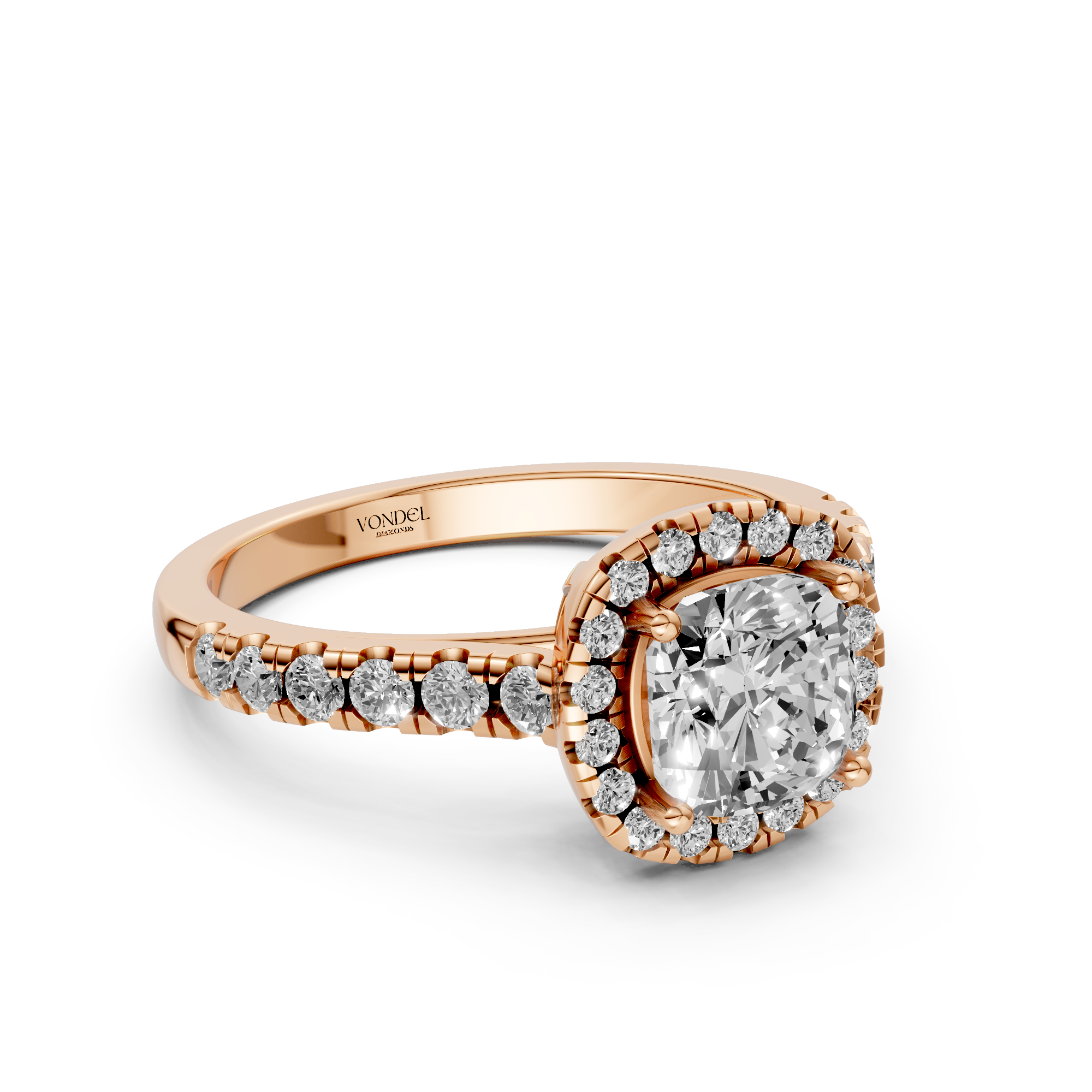 Yvonne - In Stock - Cushion Halo Lab Grown Diamond Ring with Pave Band and Low Setting - 18K Gold - 1.36 ct