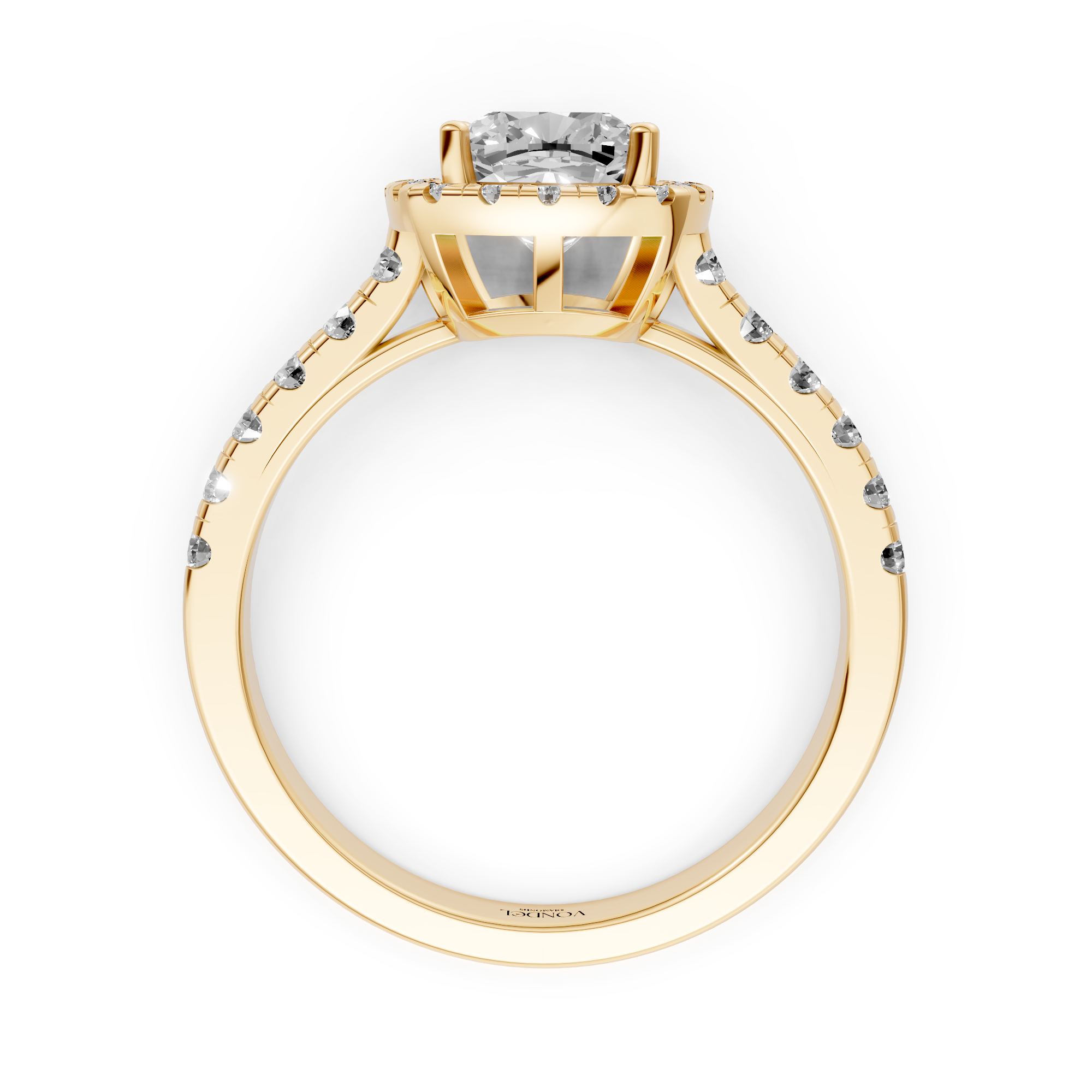 Yvonne - In Stock - Cushion Halo Lab Grown Diamond Ring with Pave Band and Low Setting - 18K Gold - 1.36 ct