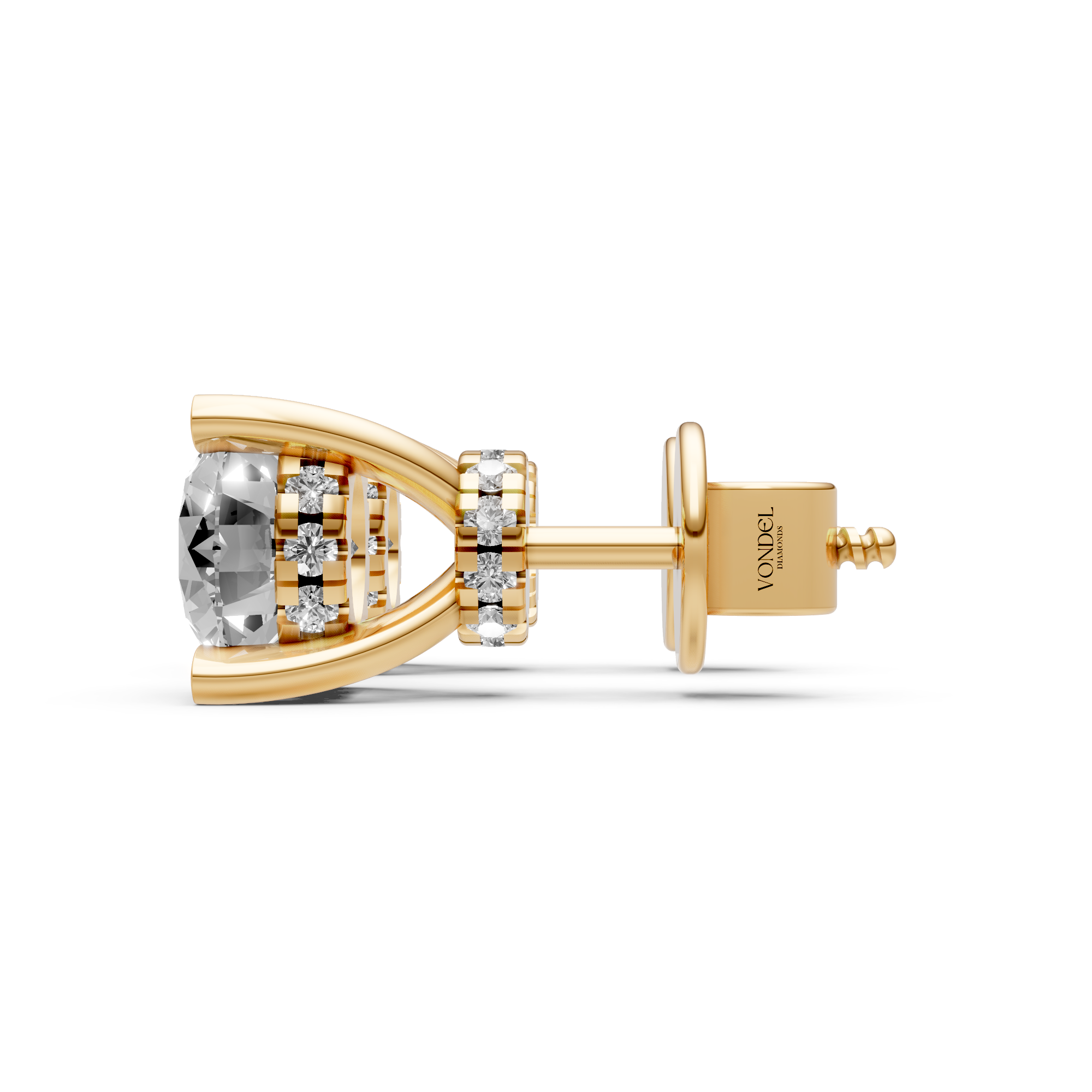 Emily - In Stock - Round Brilliant Lab Grown Diamond Stud Earrings with Double Hidden Halo - 18K Yellow Gold - 1,28 ct
