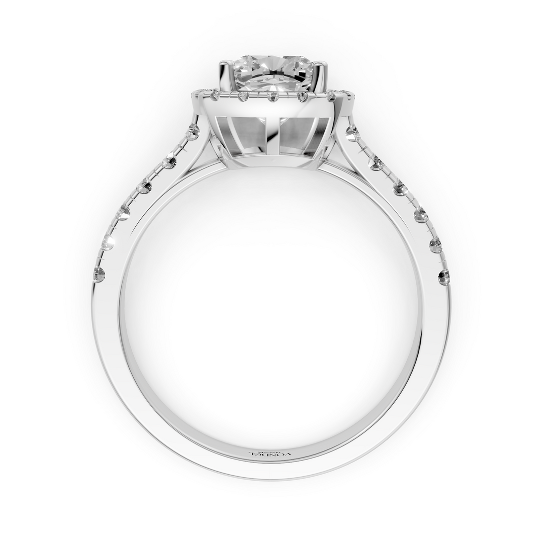 Cushion Halo Ring met Pave Band en Lage Zetting - 1,42 ct