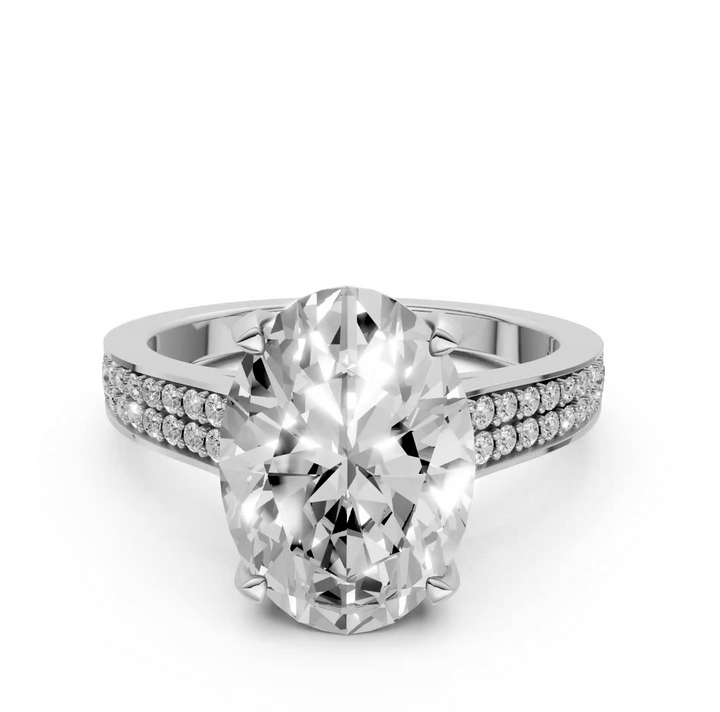 Oval Solitaire Ring met brede Pavé-band en Hidden Halo