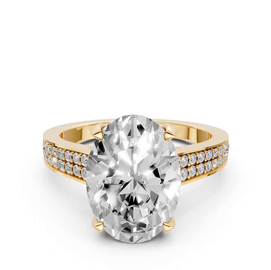 Oval Solitaire Ring met brede Pavé-band en Hidden Halo