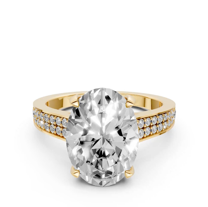 Oval Solitaire Ring met brede Pavé-band en Hidden Halo
