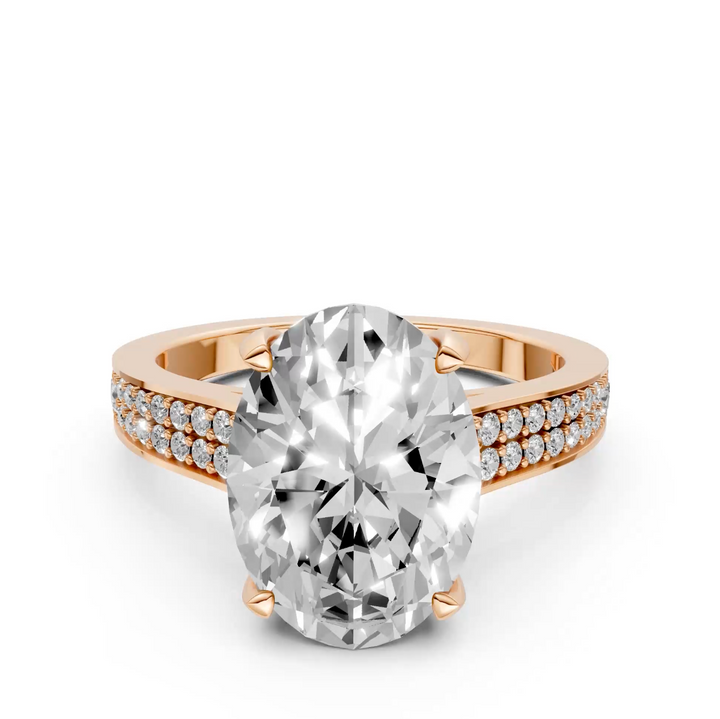 Oval Solitaire Ring met brede Pavé-band en Hidden Halo