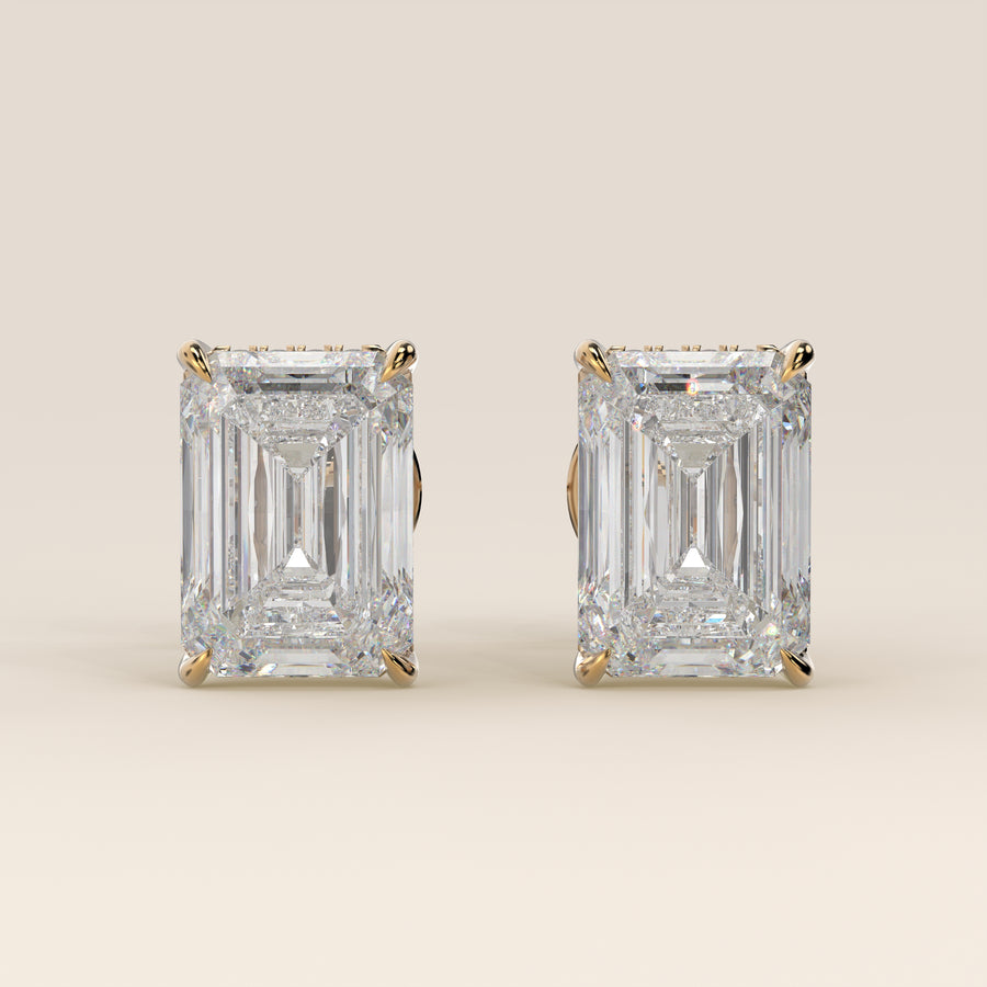 Stud oorbellen emerald lab grown diamant met hidden halo, geelgoud