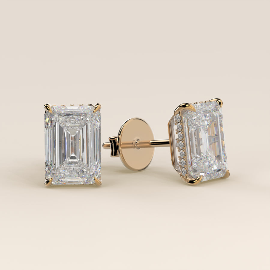Stud oorbellen emerald lab grown diamant met hidden halo, geelgoud