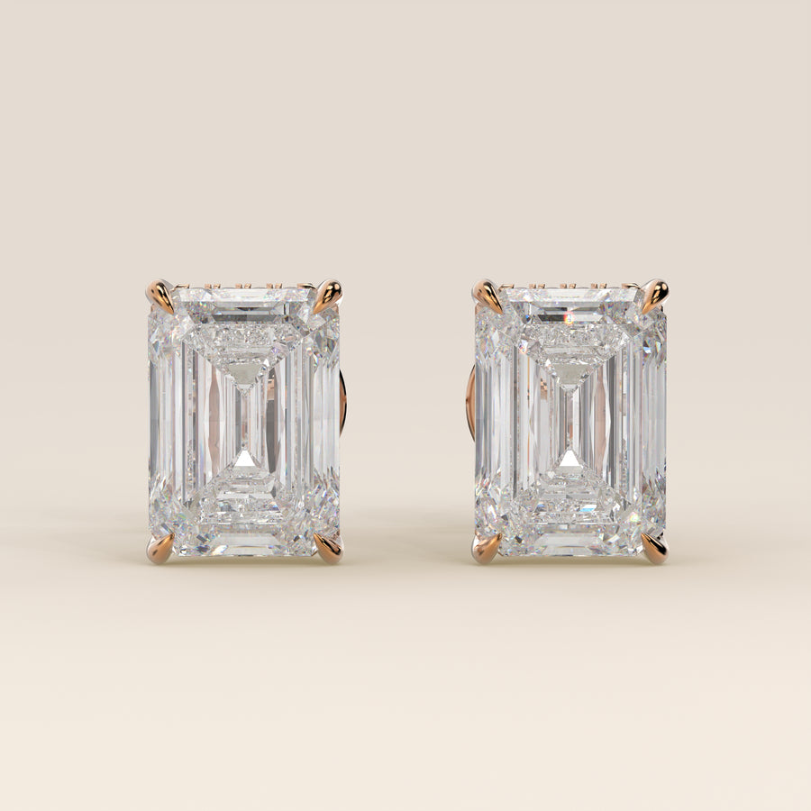 Stud oorbellen emerald lab grown diamant met hidden halo, rosegoud