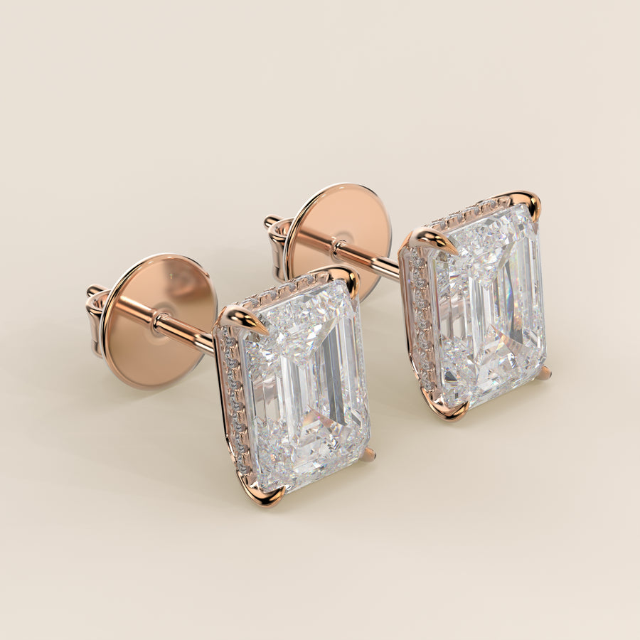 Stud oorbellen emerald lab grown diamant met hidden halo, rosegoud