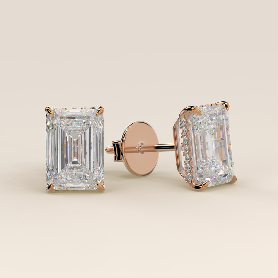 Stud oorbellen emerald lab grown diamant met hidden halo, rosegoud