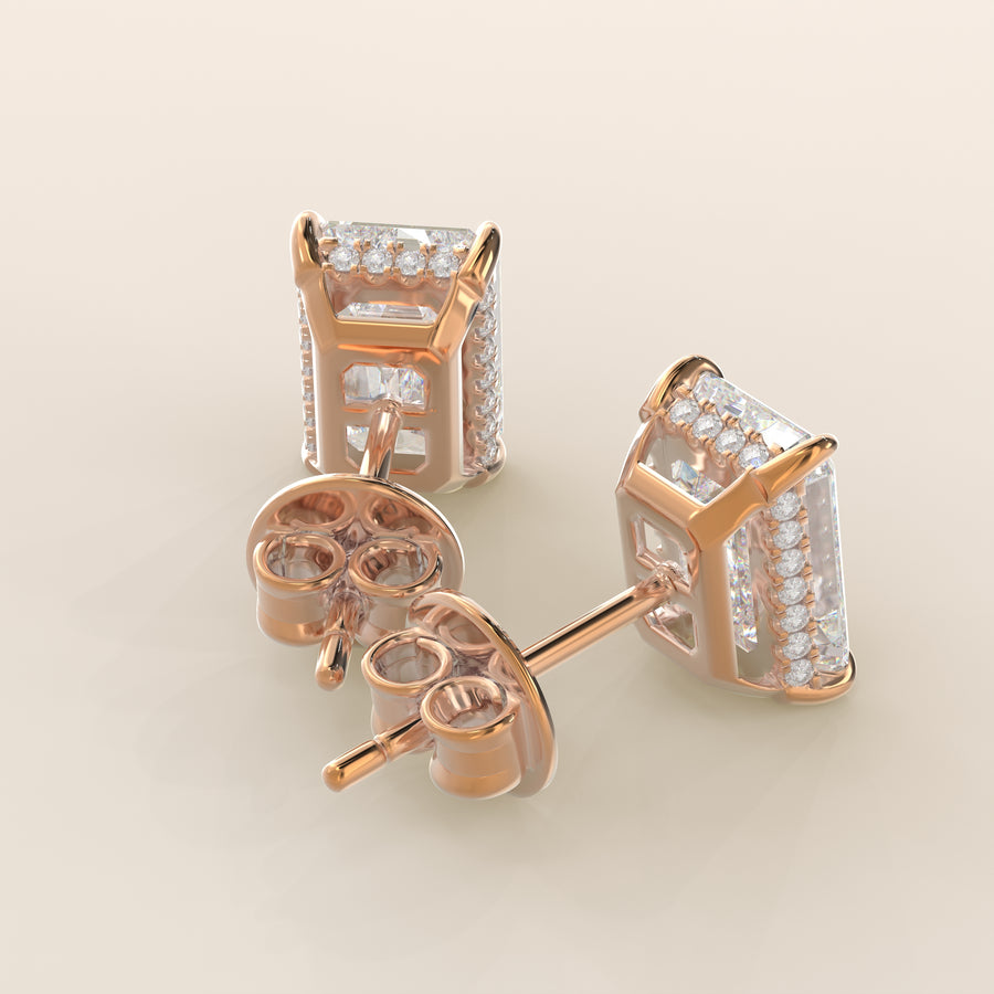 Stud oorbellen emerald lab grown diamant met hidden halo, rosegoud