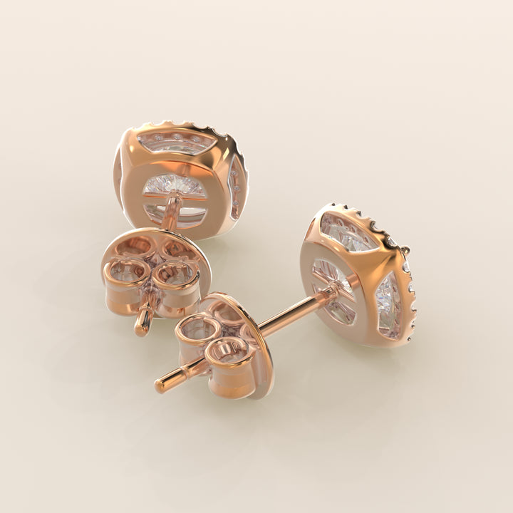 Boucles d'oreilles puces serties de diamants de laboratoire taille coussin, or rose