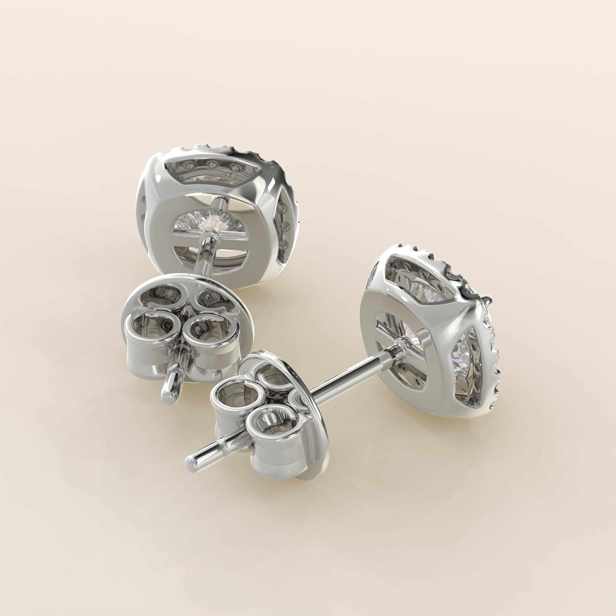 Boucles d'oreilles puces serties de diamants de laboratoire taille coussin, or blanc