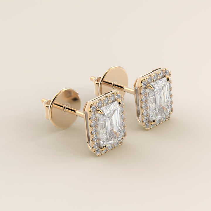 Ohrstecker mit Halo-Fassung, Smaragd, im Labor gezüchtetem Diamanten, Gelbgold