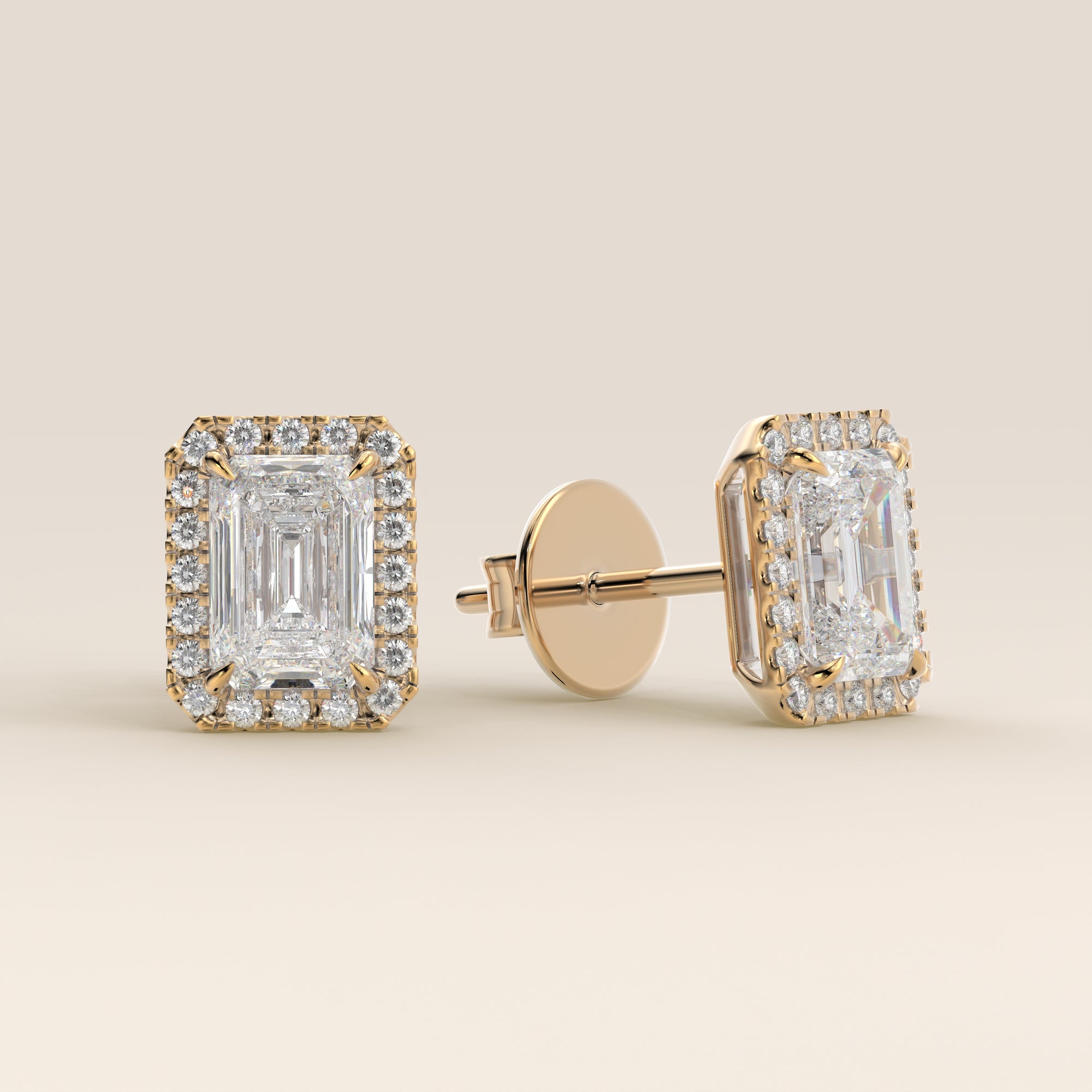 Ohrstecker mit Halo-Fassung, Smaragd, im Labor gezüchtetem Diamanten, Gelbgold