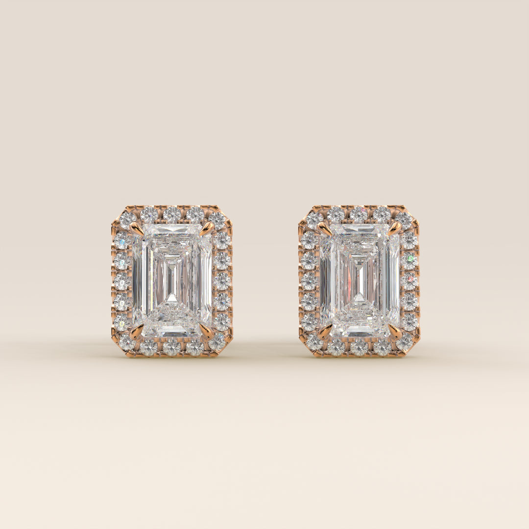 Ohrstecker mit Halo-Fassung, Smaragd, im Labor gezüchtetem Diamanten, Roségold