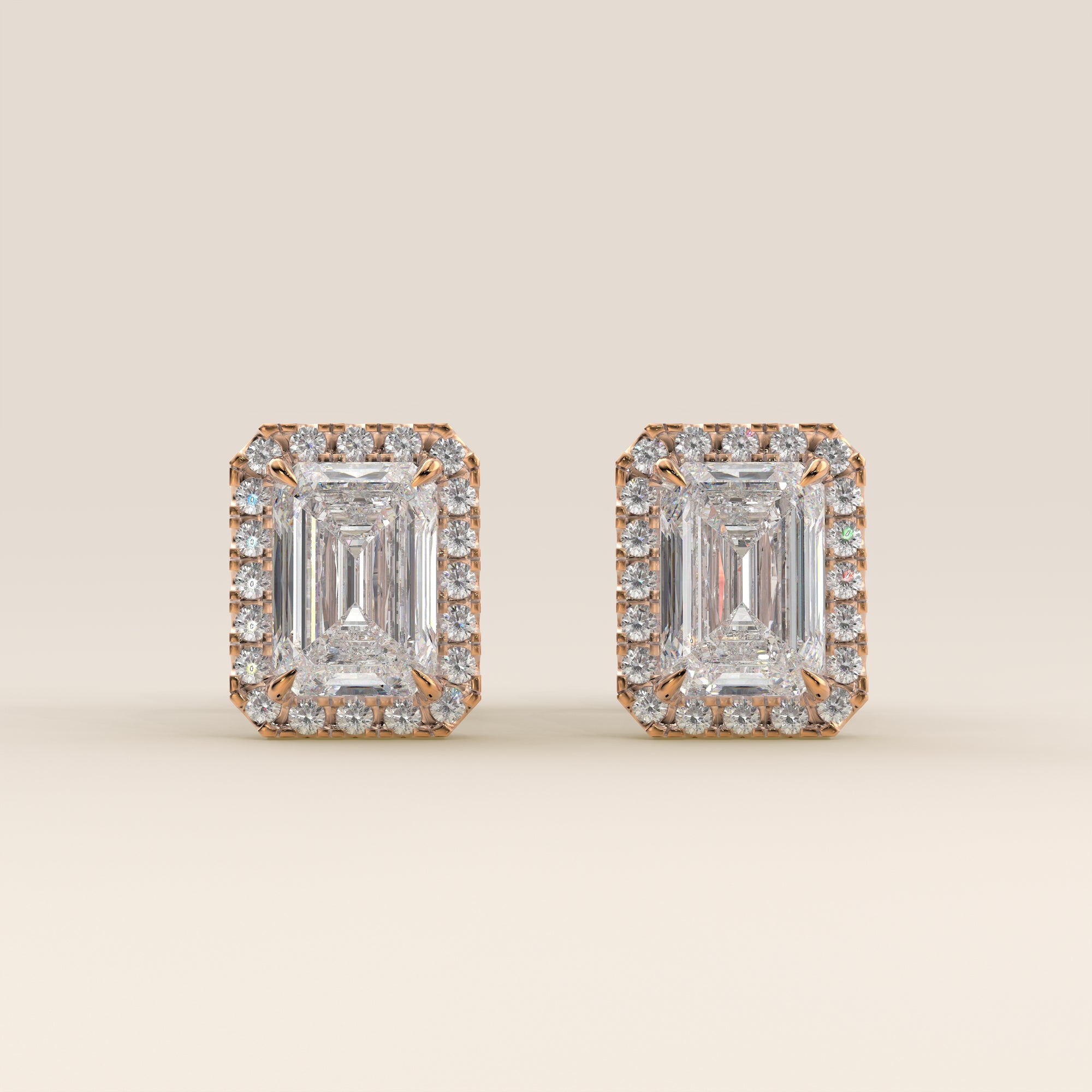 Ohrstecker mit Halo-Fassung, Smaragd, im Labor gezüchtetem Diamanten, Roségold