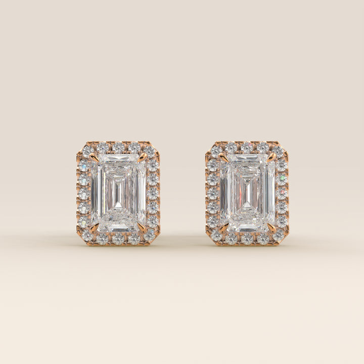 Ohrstecker mit Halo-Fassung, Smaragd, im Labor gezüchtetem Diamanten, Roségold