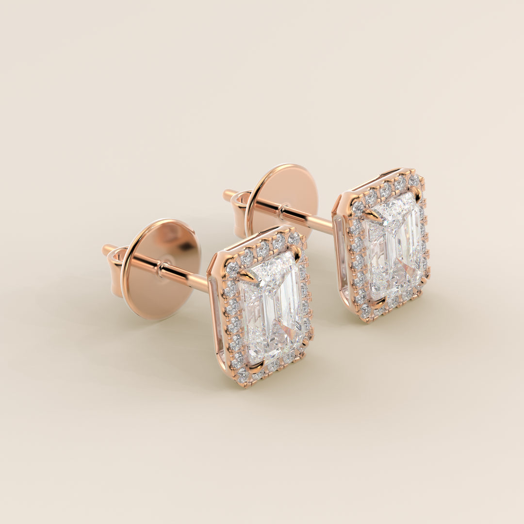 Ohrstecker mit Halo-Fassung, Smaragd, im Labor gezüchtetem Diamanten, Roségold