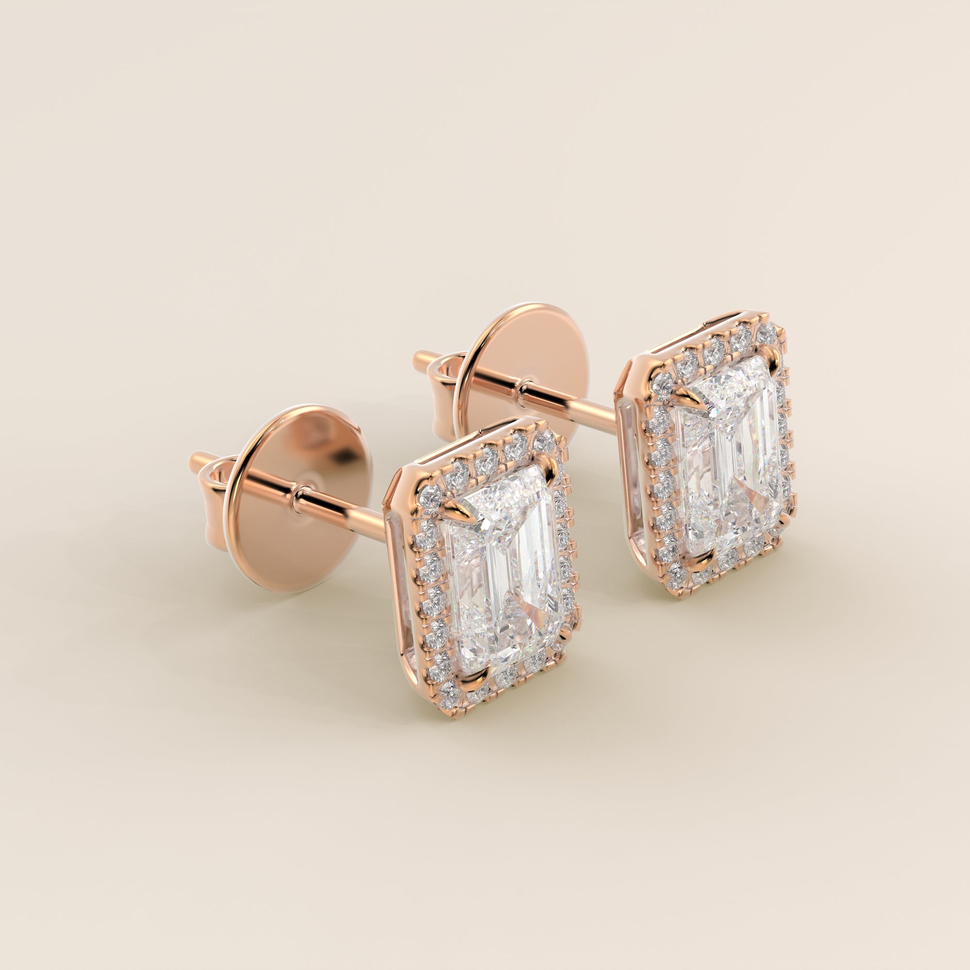 Ohrstecker mit Halo-Fassung, Smaragd, im Labor gezüchtetem Diamanten, Roségold