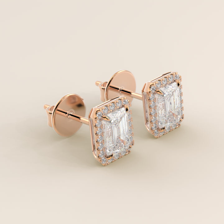 Ohrstecker mit Halo-Fassung, Smaragd, im Labor gezüchtetem Diamanten, Roségold