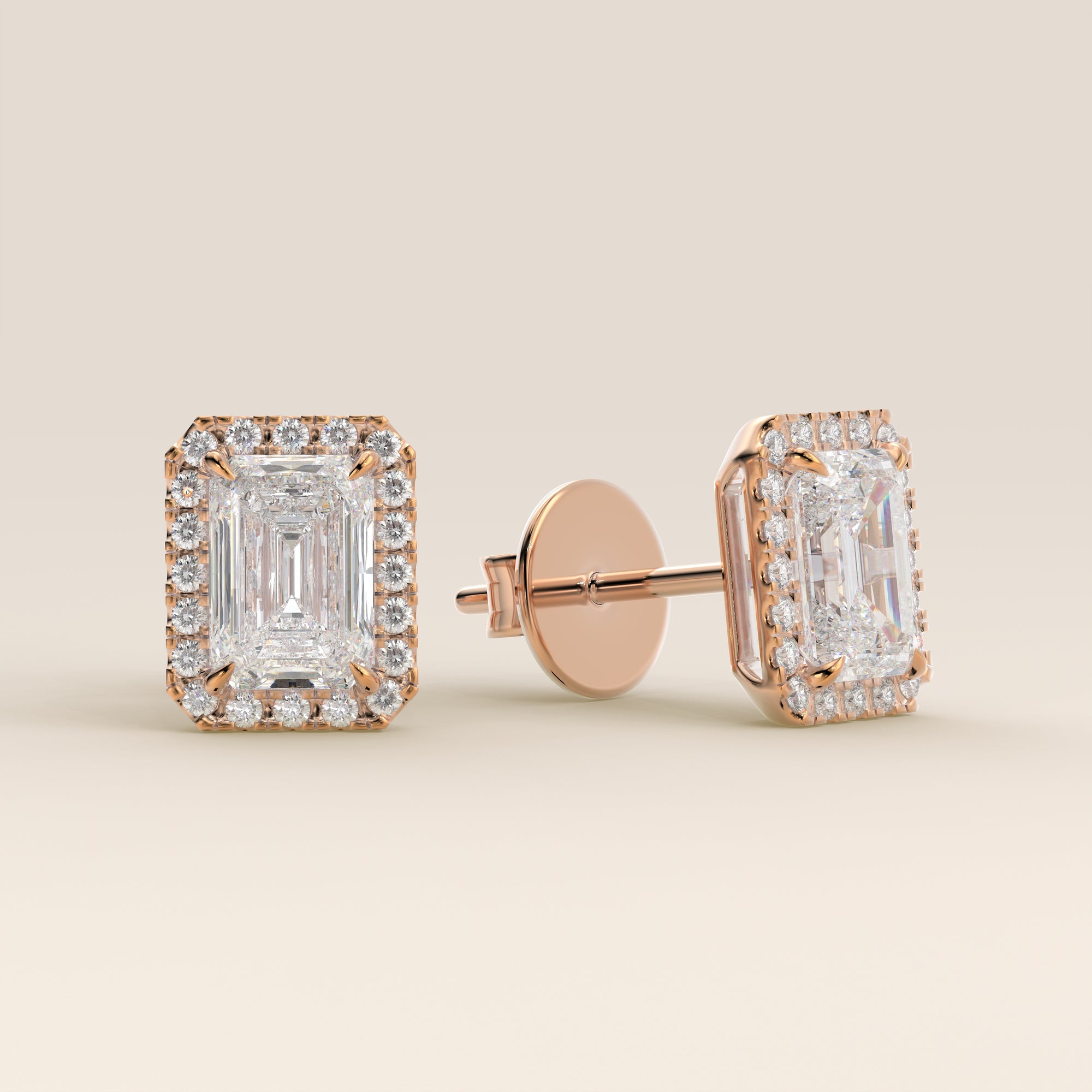 Ohrstecker mit Halo-Fassung, Smaragd, im Labor gezüchtetem Diamanten, Roségold
