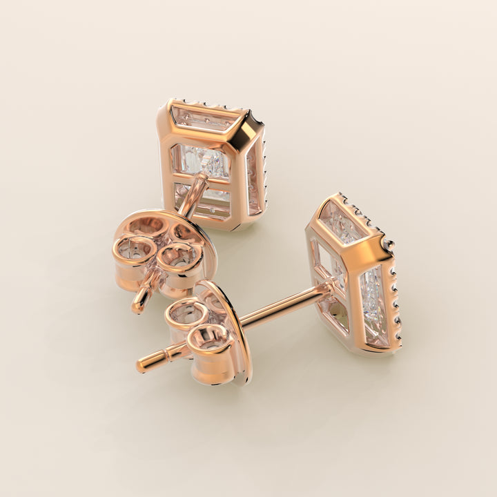 Ohrstecker mit Halo-Fassung, Smaragd, im Labor gezüchtetem Diamanten, Roségold