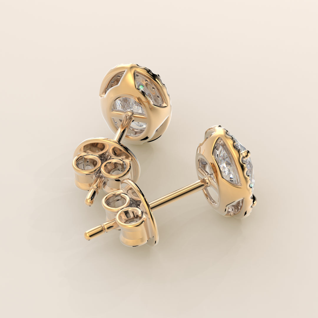 Boucles d'oreilles puces ovales Halo serties de diamants de laboratoire, or jaune