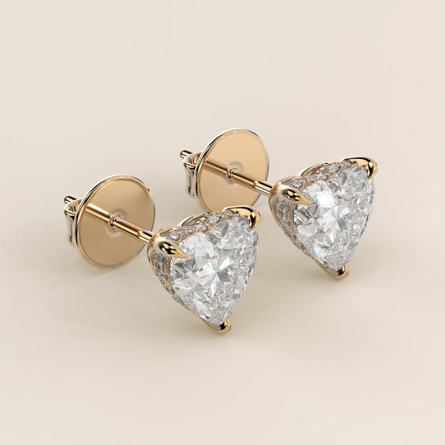 Stud oorbellen hart lab grown diamant met hidden halo, geelgoud