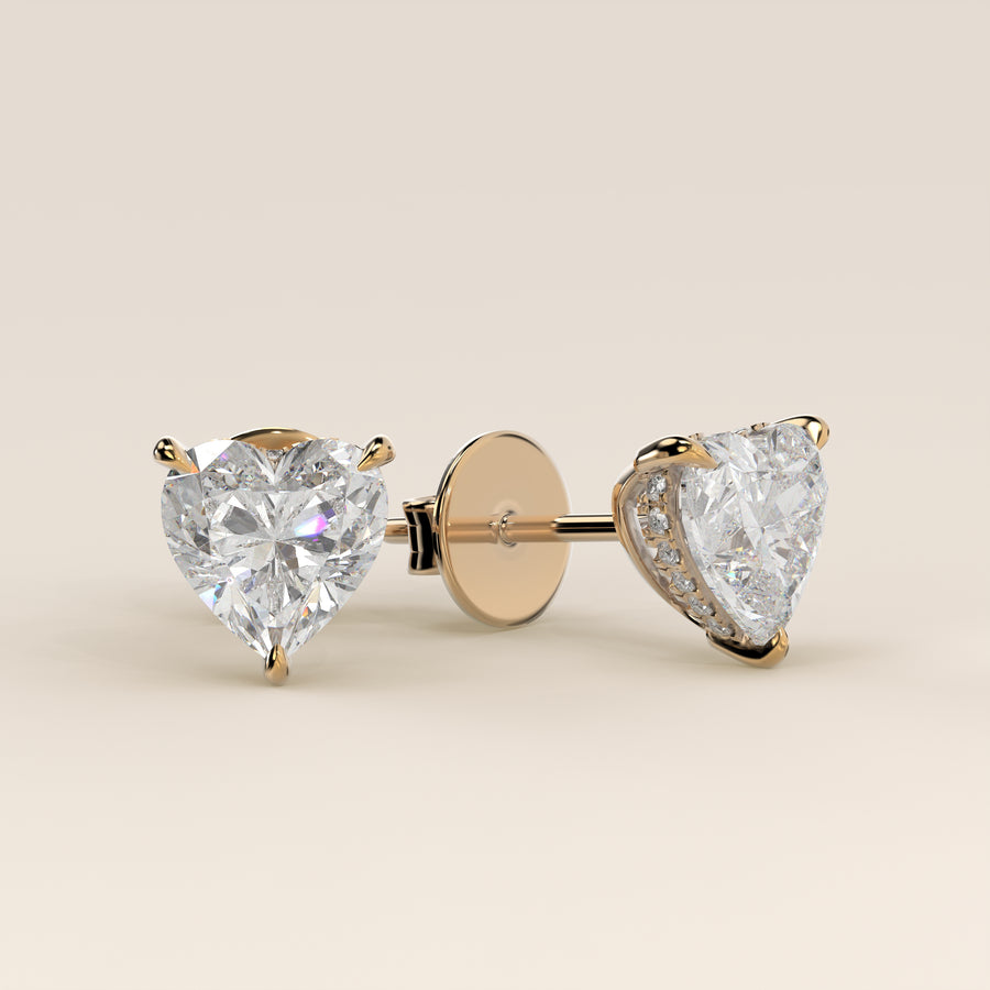 Stud oorbellen hart lab grown diamant met hidden halo, geelgoud