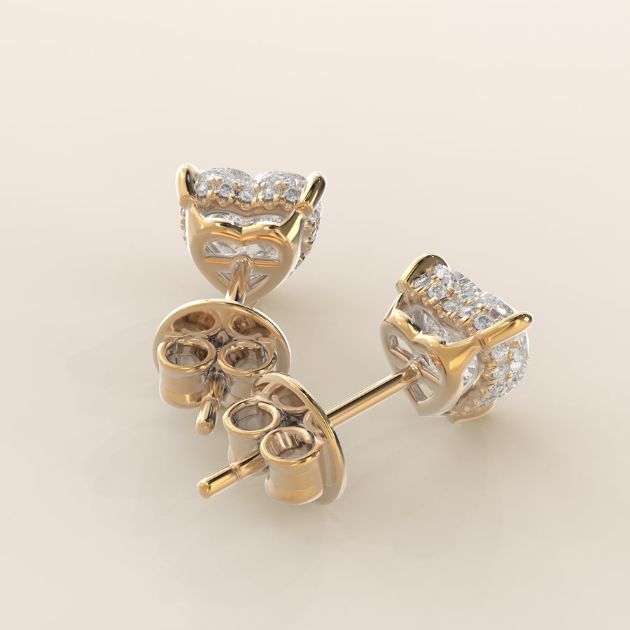 Stud oorbellen hart lab grown diamant met hidden halo, geelgoud