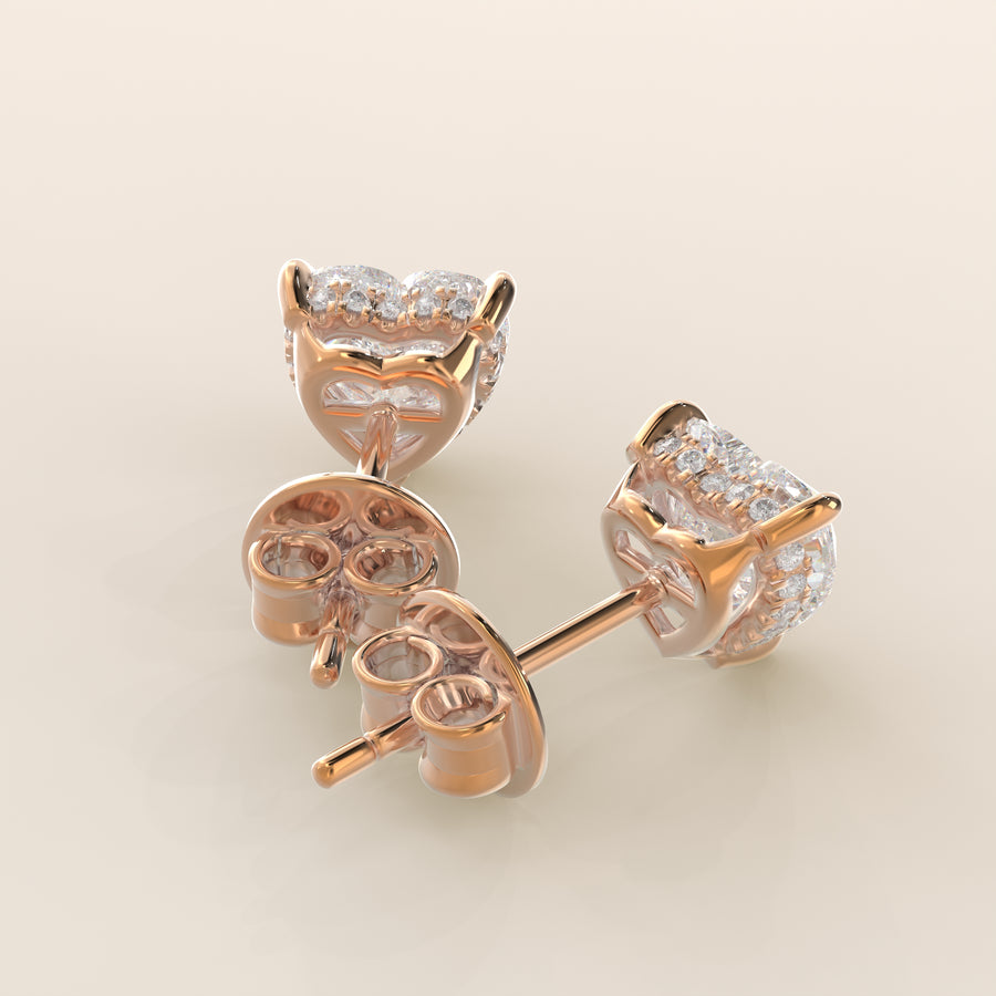 Stud oorbellen hart lab grown diamant met hidden halo, rosegoud