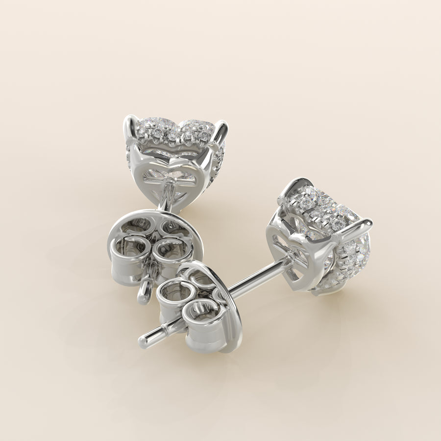 Stud oorbellen hart lab grown diamant met hidden halo, witgoud