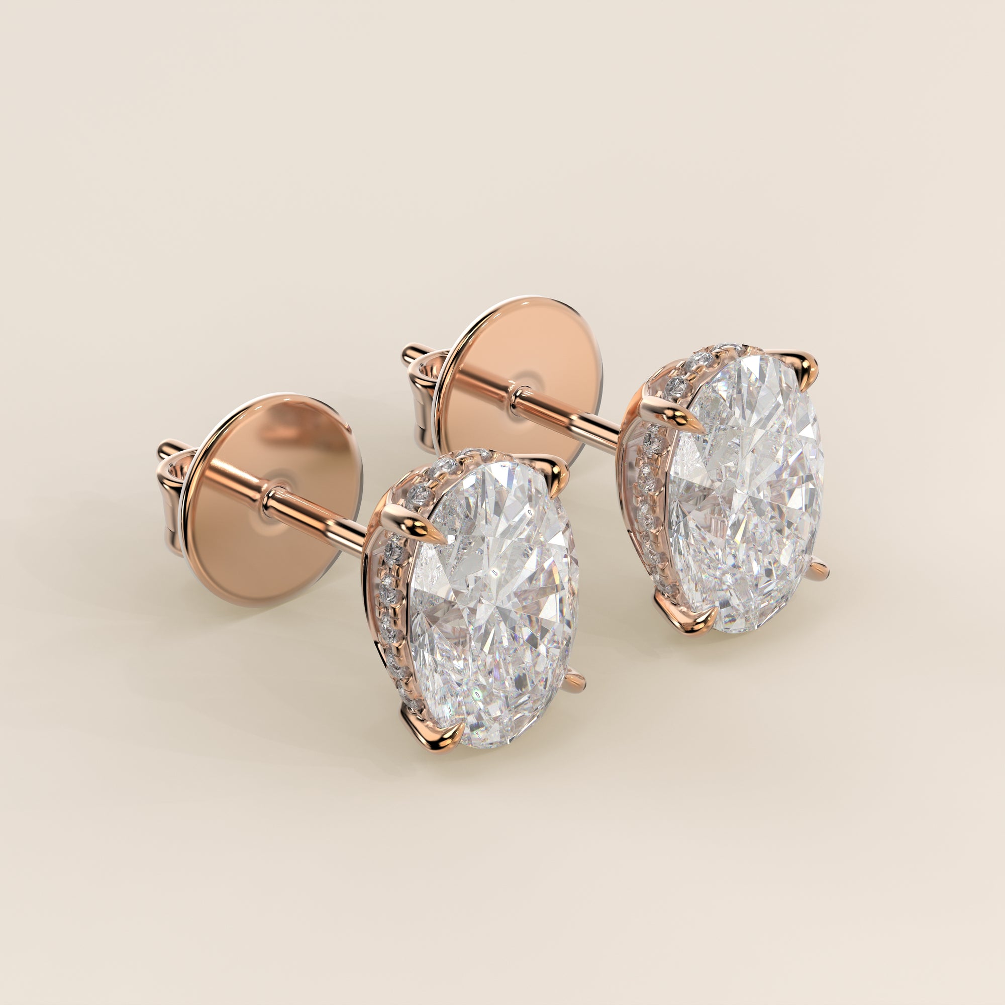 Stud oorbellen ovaal lab grown diamant met hidden halo, rosegoud