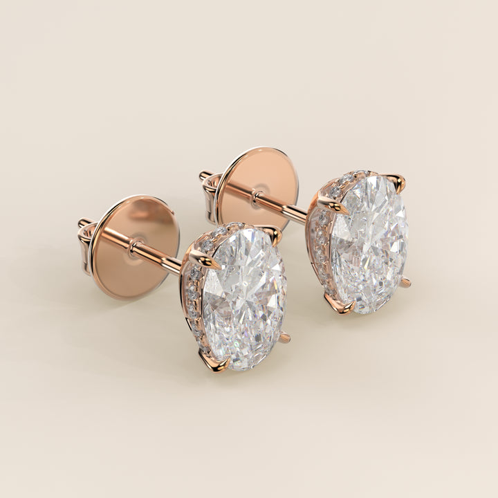 Stud oorbellen ovaal lab grown diamant met hidden halo, rosegoud