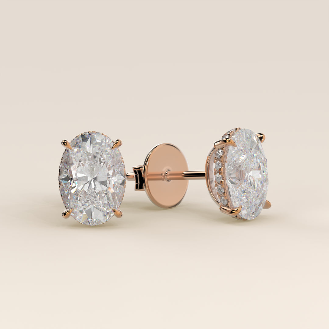 Stud oorbellen ovaal lab grown diamant met hidden halo, rosegoud