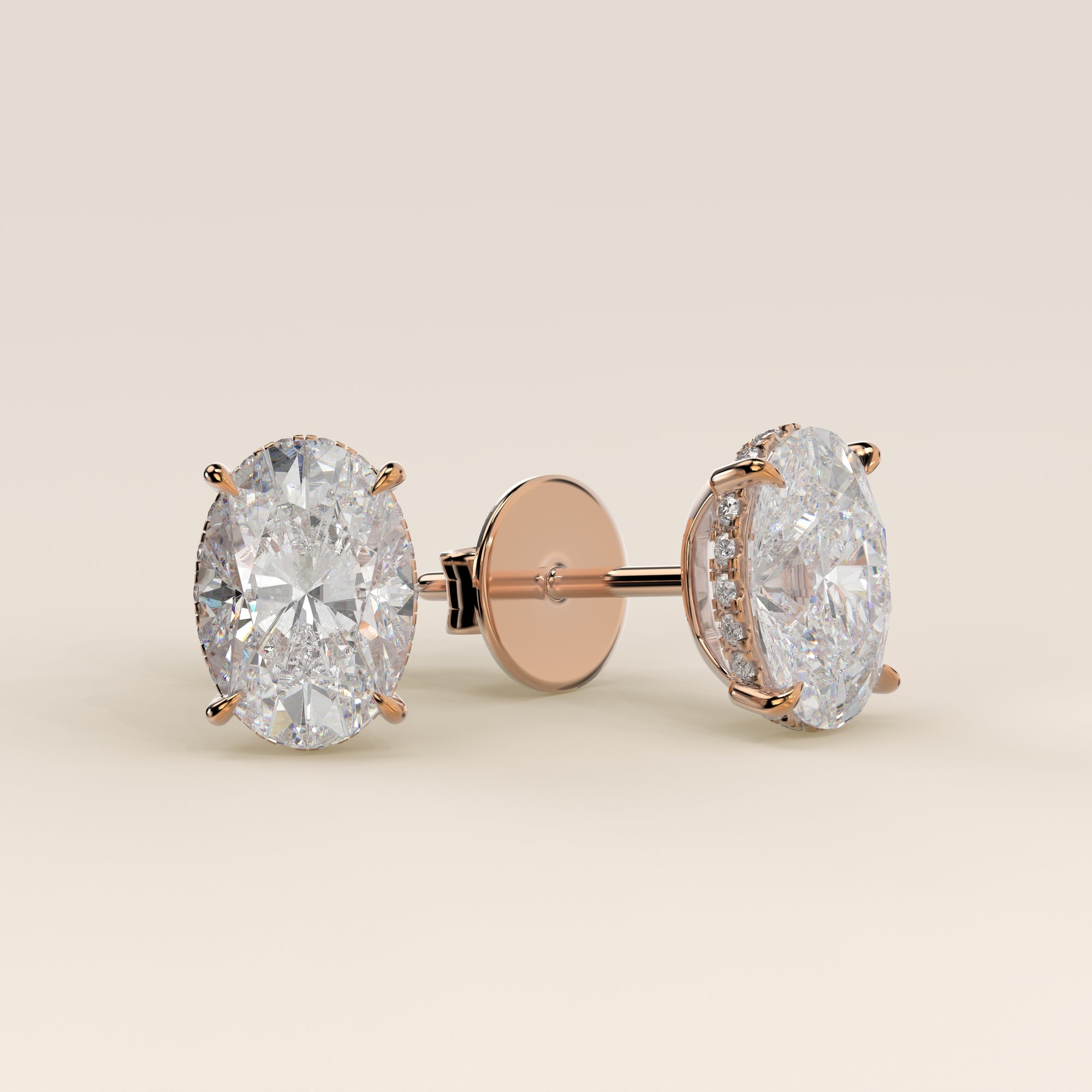 Stud oorbellen ovaal lab grown diamant met hidden halo, rosegoud