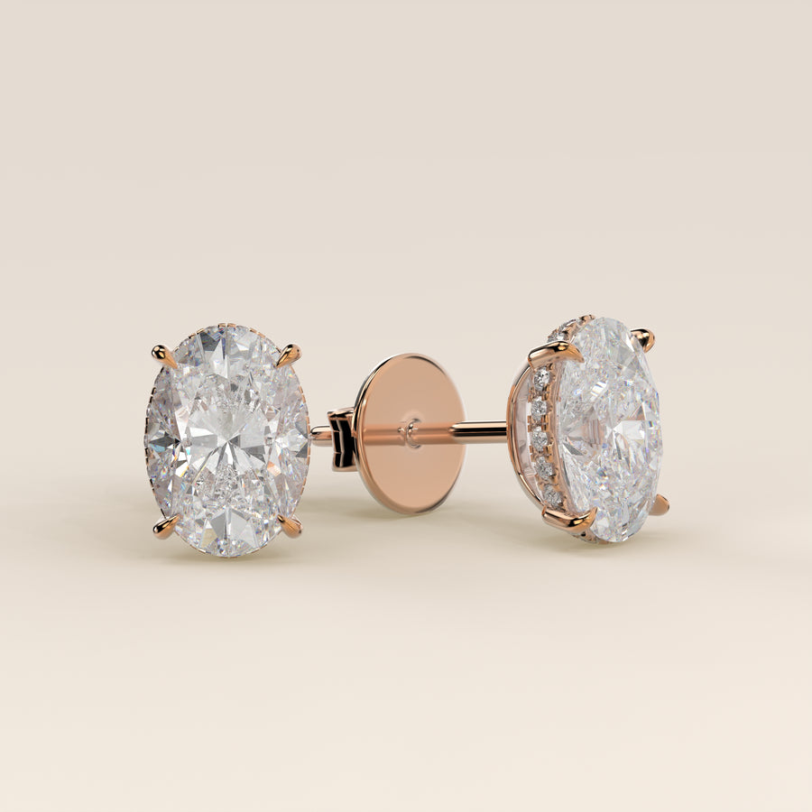 Stud oorbellen ovaal lab grown diamant met hidden halo, rosegoud