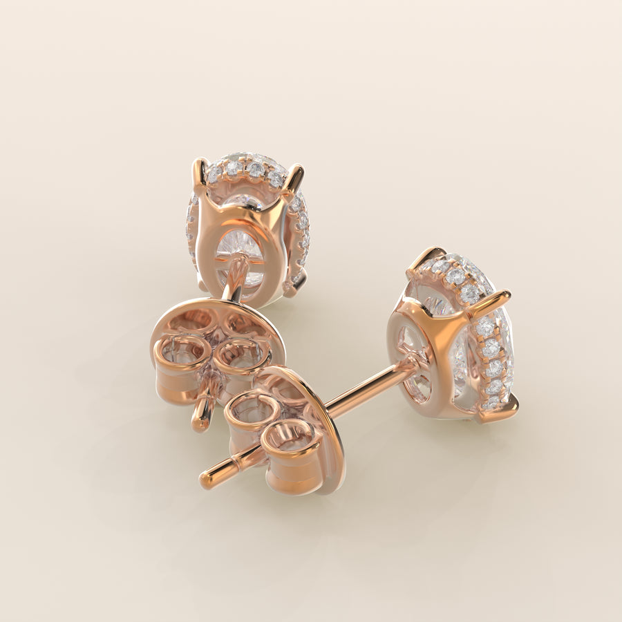 Stud oorbellen ovaal lab grown diamant met hidden halo, rosegoud