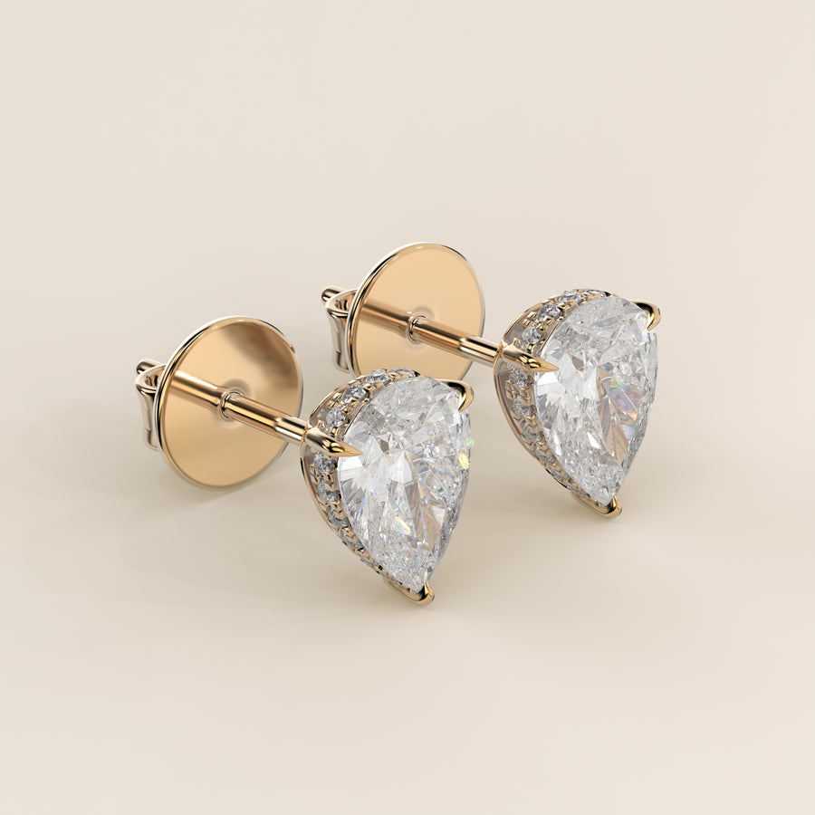 Stud oorbellen peer lab grown diamant met hidden halo, geelgoud