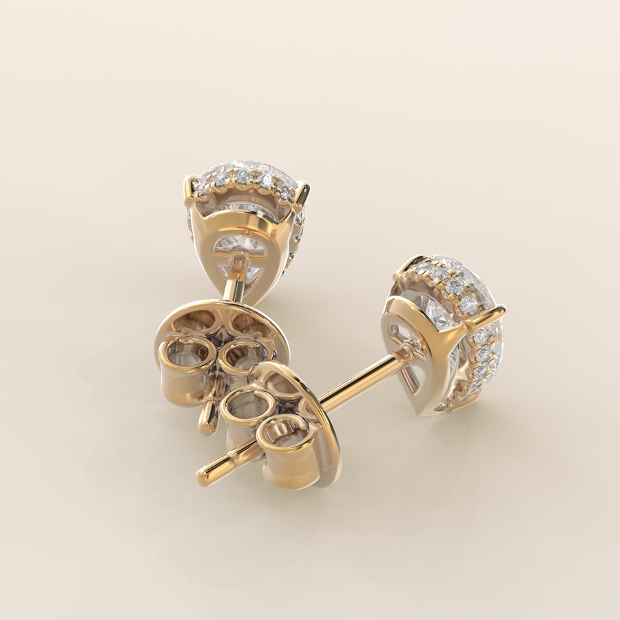Stud oorbellen peer lab grown diamant met hidden halo, geelgoud