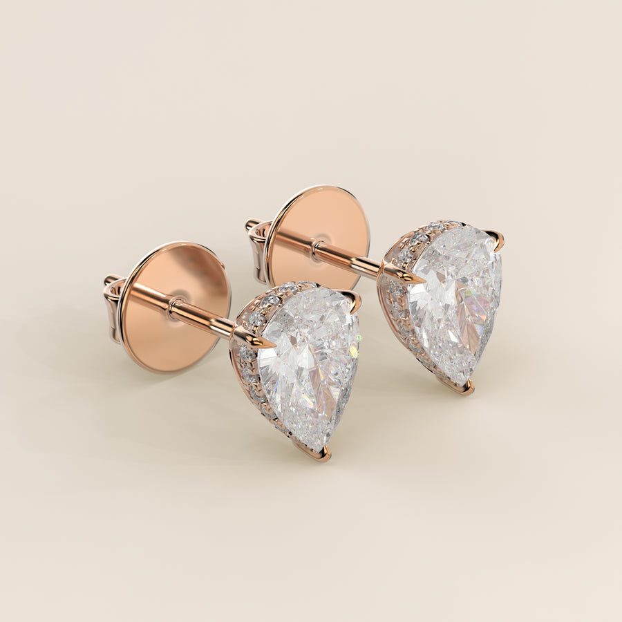 Stud oorbellen peer lab grown diamant met hidden halo, rosegoud